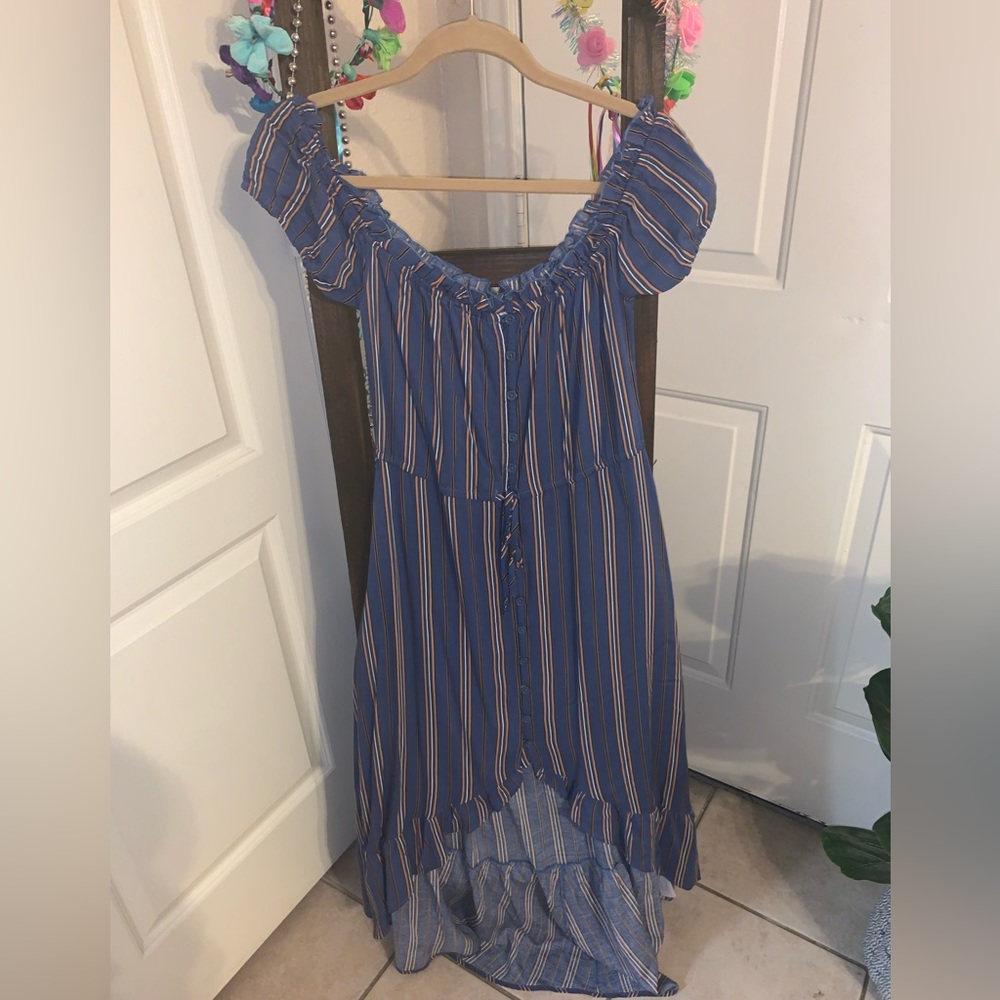 Blue + Yellow Striped. High-Low Dress.